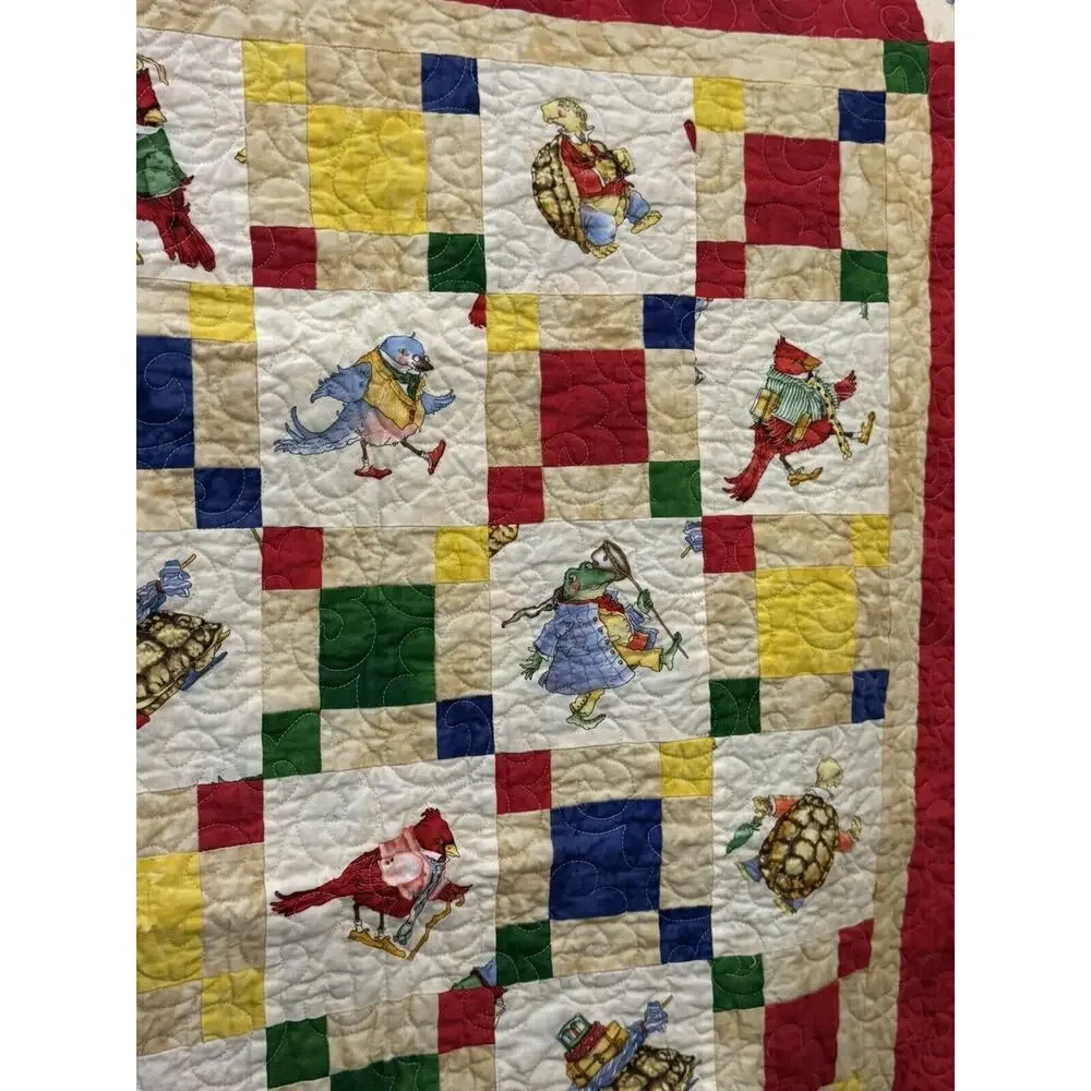 Vintage Handmade Colorful 42x33 Baby Quilt Blanket Frog Turtle Bird Color Block